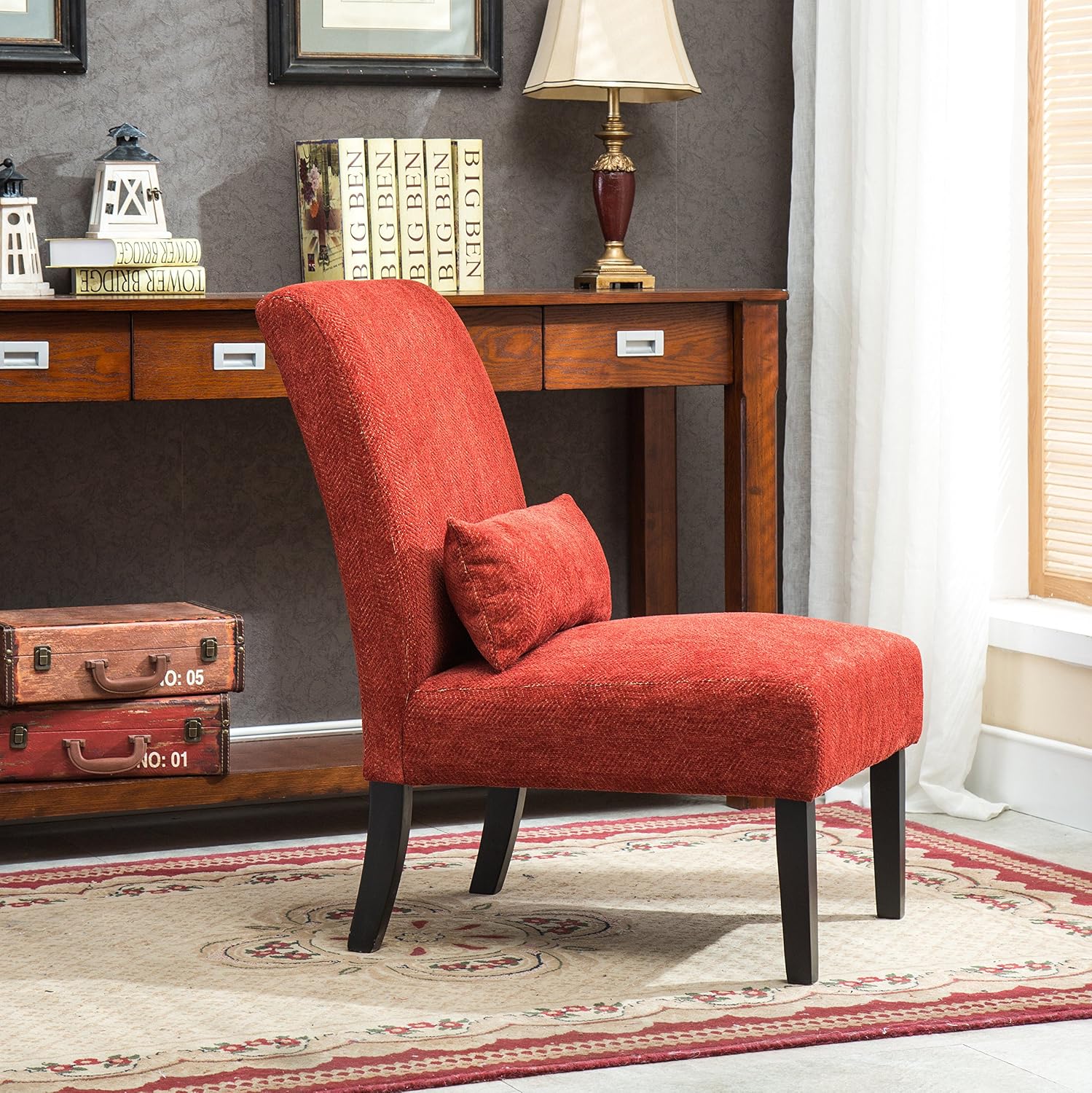 Roundhill Furniture Red Pisano Chenille Fabric Armless Contemporary Accent Chair with Matching Kidney Pillow