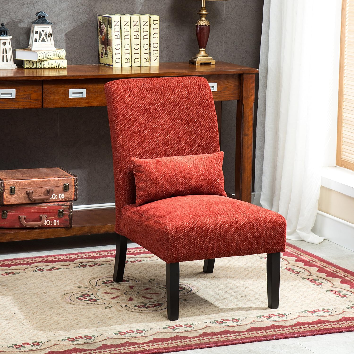 Roundhill Furniture Red Pisano Chenille Fabric Armless Contemporary Accent Chair with Matching Kidney Pillow