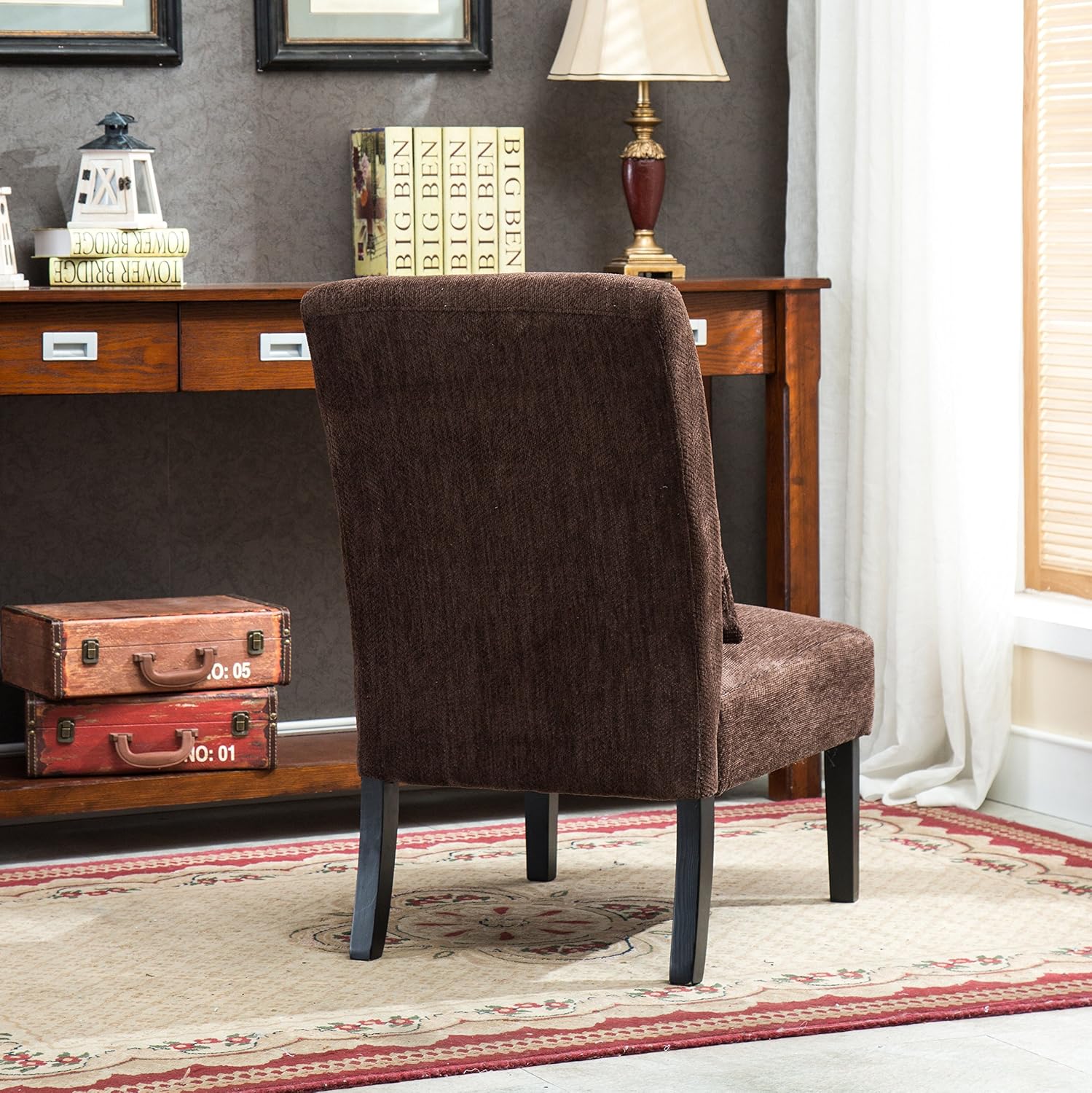 Roundhill Furniture Chocolate Pisano Chenille Fabric Armless Contemporary Accent Chair with Matching Kidney Pillow